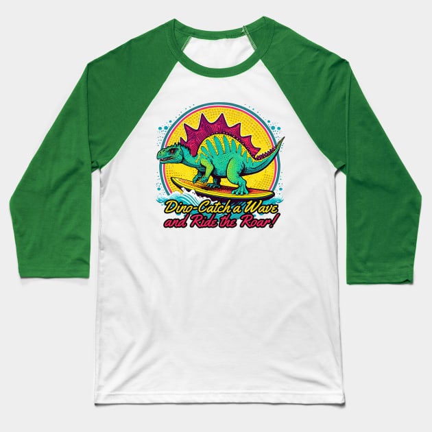 Dinosaur Surfing Funny Baseball T-Shirt by sovadesignstudio